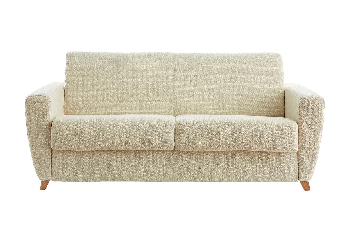 Canapé convertible 3 places en tissu effet laine bouclée beige et bois clair avec matelas L140 cm 12 cm GRAHAM