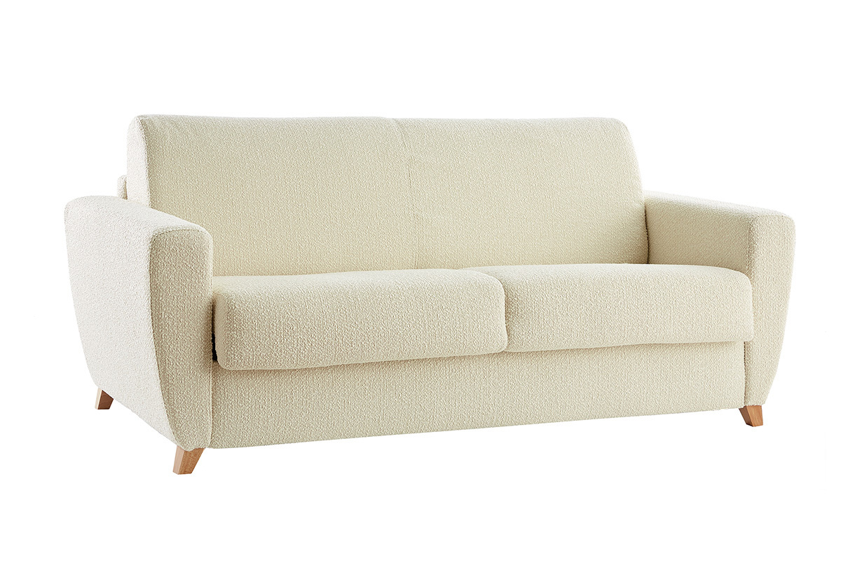 Canapé convertible 3 places en tissu effet laine bouclée beige et bois clair avec matelas L140 cm 12 cm GRAHAM