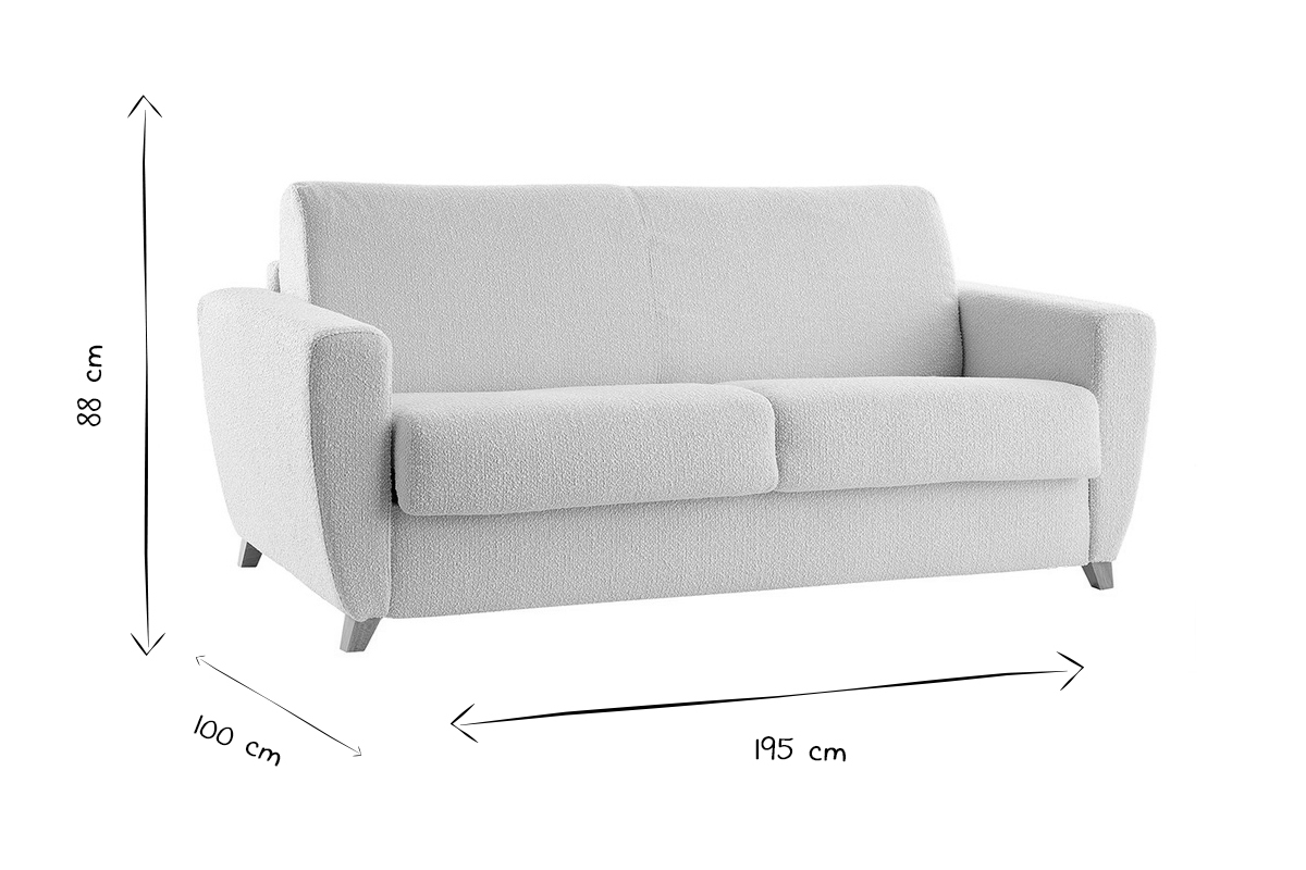 Canapé convertible 3 places en tissu effet laine bouclée beige et bois clair avec matelas L140 cm 12 cm GRAHAM