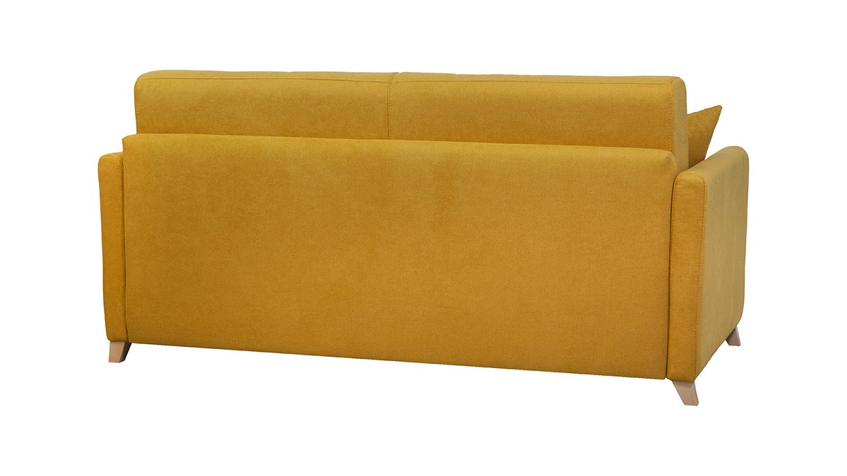 Canap convertible 3 places en tissu effet velours jaune moutarde et bois clair avec matelas 12 cm SKANDY