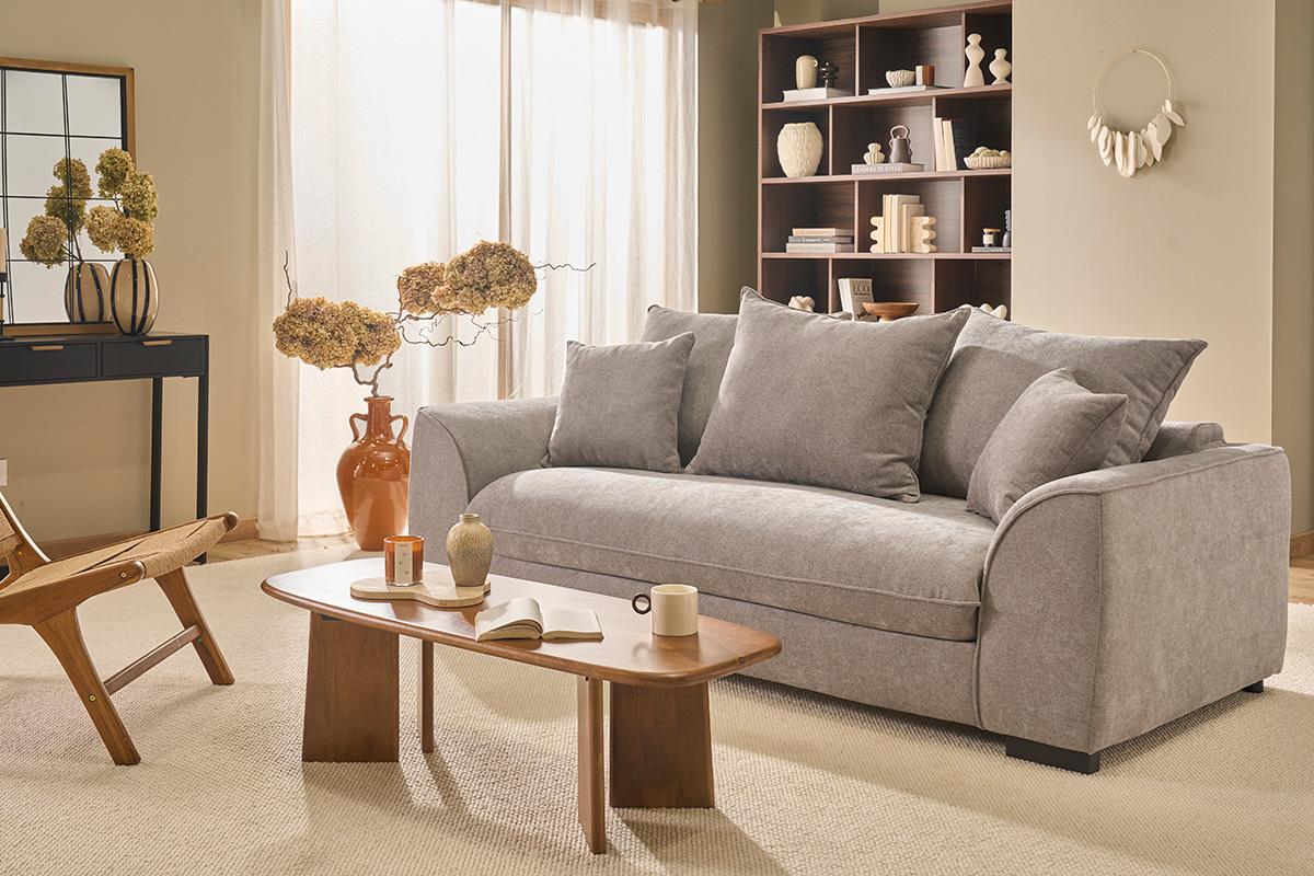 Canap� convertible 3 places en tissu effet velours taupe avec matelas 12 cm ARMAND