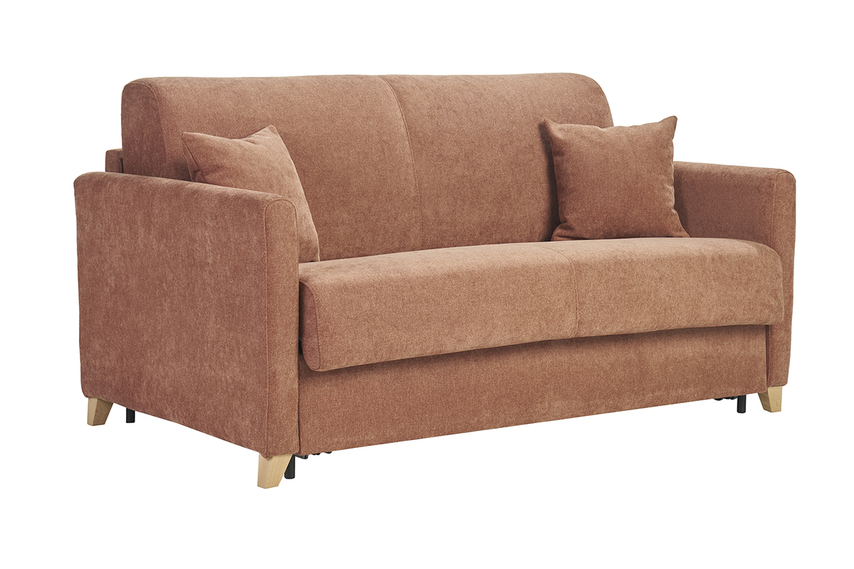 Canap convertible 3 places en tissu effet velours terre brle et bois clair avec matelas 18 cm SKANDY