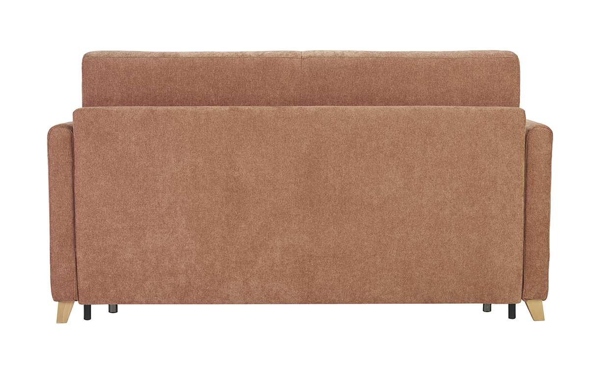 Canap convertible 3 places en tissu effet velours terre brle et bois clair avec matelas 18 cm SKANDY