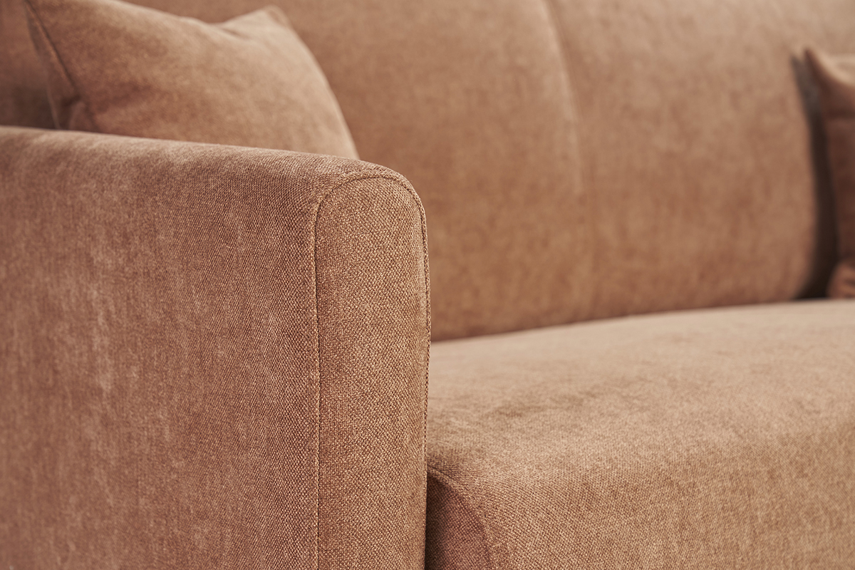 Canap convertible 3 places en tissu effet velours terre brle et bois clair avec matelas 18 cm SKANDY