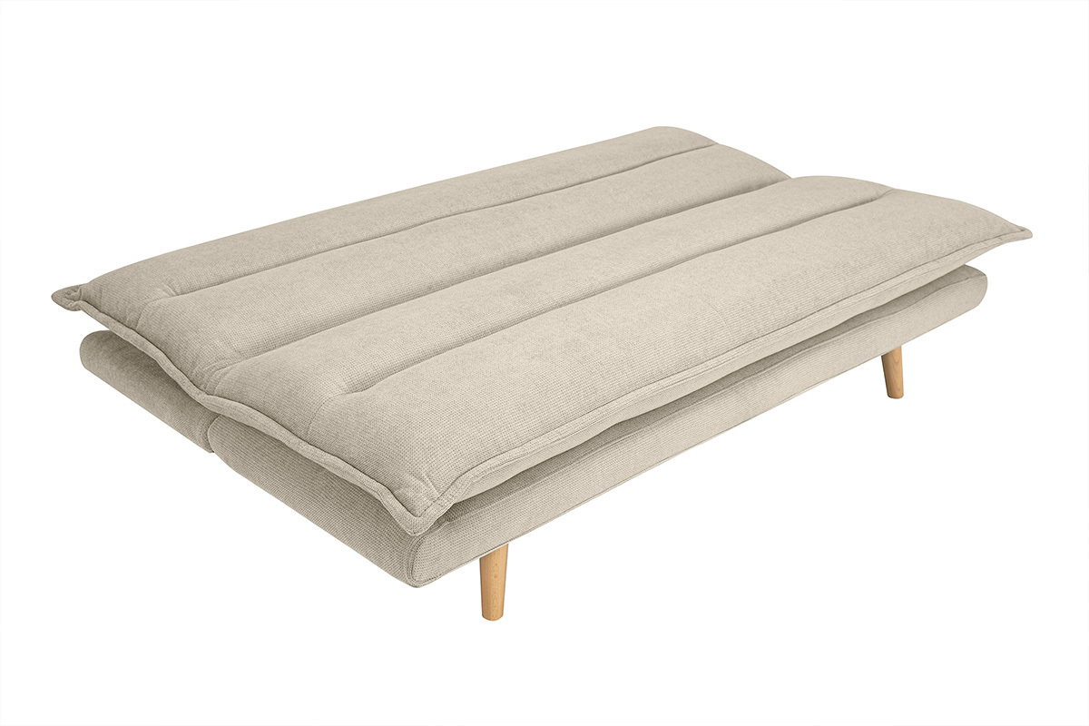 Canap convertible 3 places en tissu effet velours textur beige et bois clair BINGO
