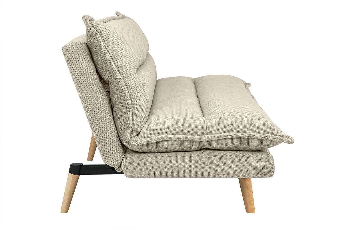 Canap convertible 3 places en tissu effet velours textur beige et bois clair BINGO