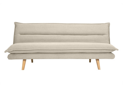 Canapé convertible 3 places en tissu effet velours texturé beige et bois clair BINGO