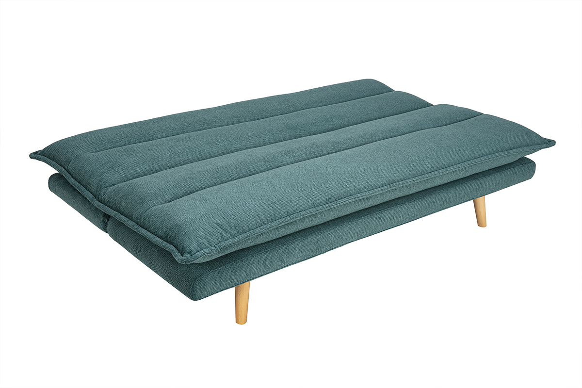 Canap convertible 3 places en tissu effet velours textur bleu canard et bois clair BINGO