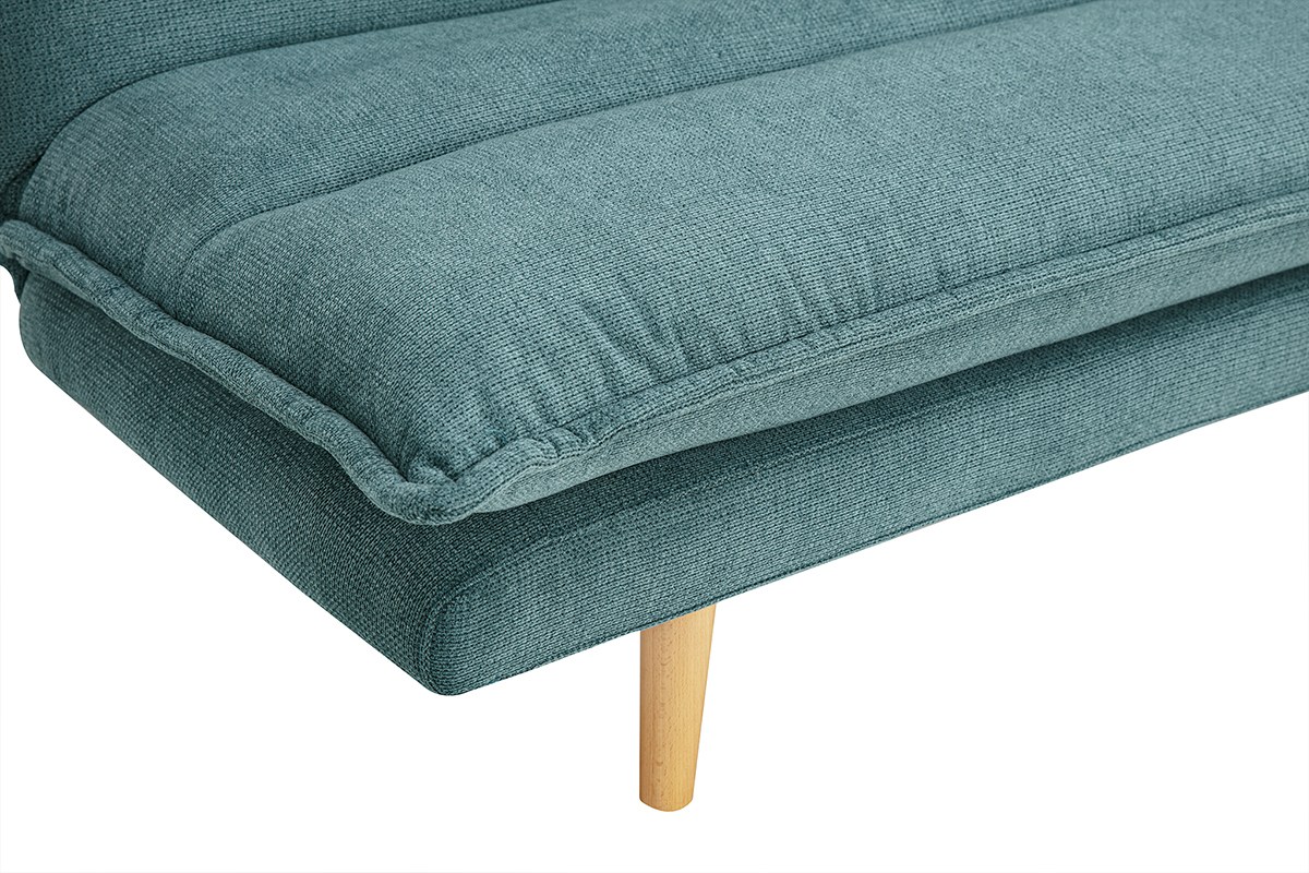 Canap convertible 3 places en tissu effet velours textur bleu canard et bois clair BINGO