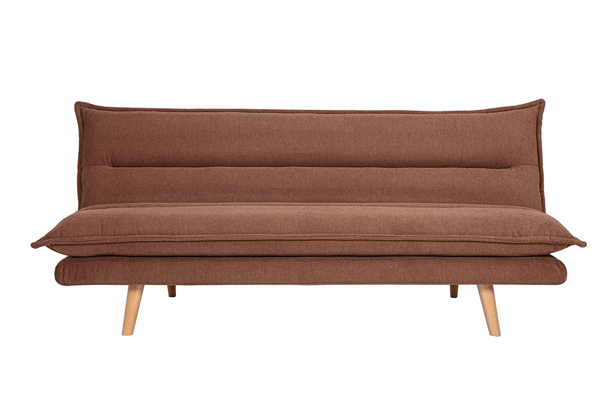 Canap convertible 3 places en tissu effet velours textur terre brle et bois clair BINGO