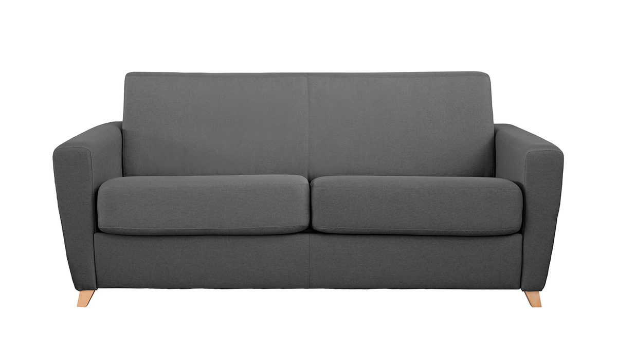 Canap convertible 3 places en tissu gris fonc et bois clair avec matelas L140 cm 12 cm GRAHAM