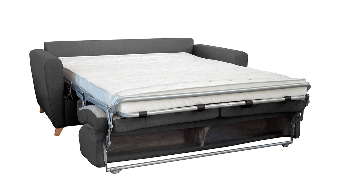 Canap convertible 3 places en tissu gris fonc et bois clair avec matelas L140 cm 12 cm GRAHAM