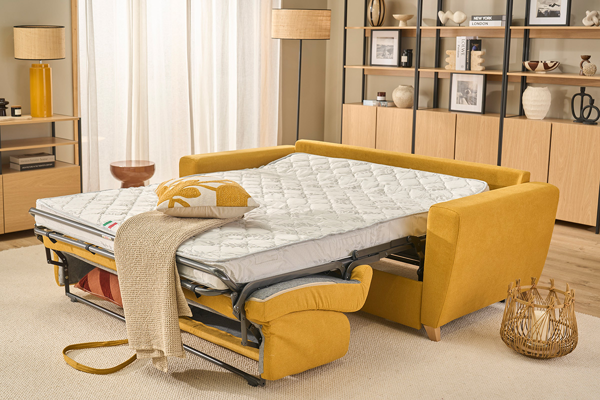 Canap� convertible 3 places en tissu jaune moutarde et bois clair avec matelas L140 cm 13 cm GRAHAM