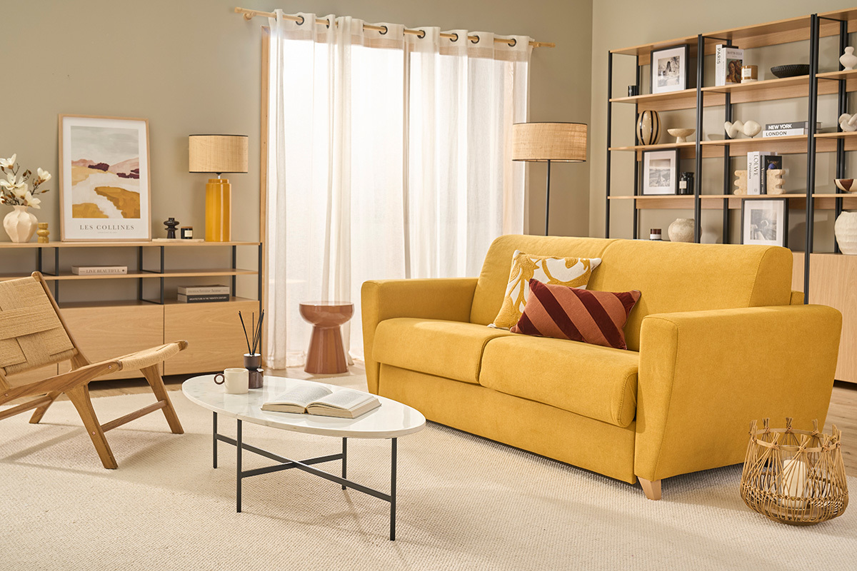 Canap� convertible 3 places en tissu jaune moutarde et bois clair avec matelas L140 cm 13 cm GRAHAM