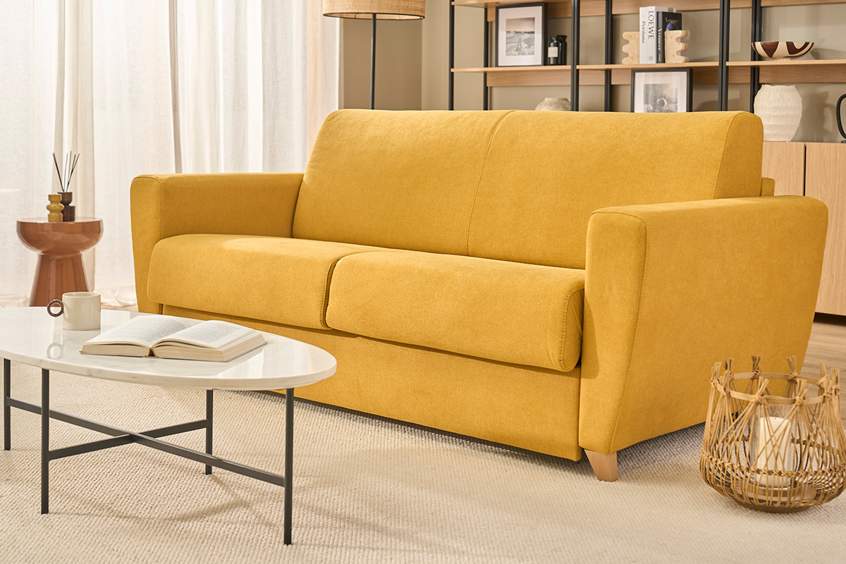 Canap� convertible 3 places en tissu jaune moutarde et bois clair avec matelas L140 cm 13 cm GRAHAM