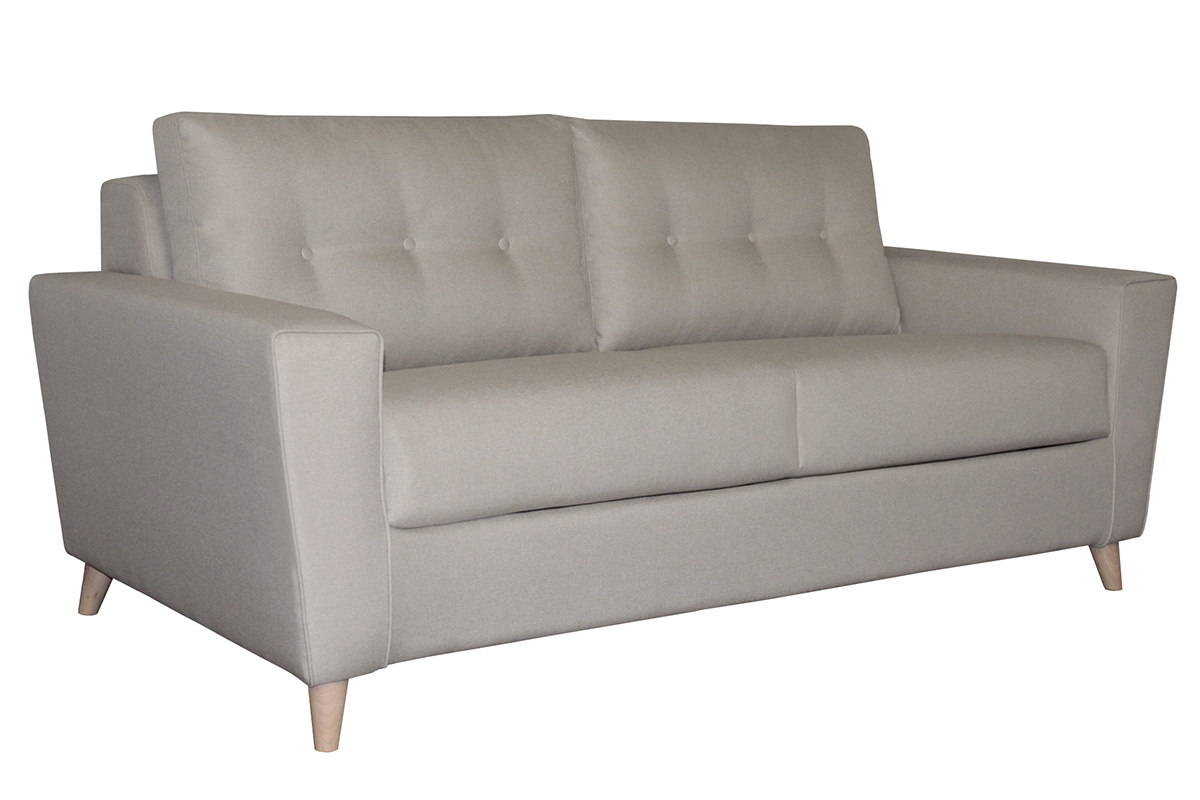 Canap convertible 3 places en tissu lin naturel et bois clair avec matelas 9 cm BEAUBOURG
