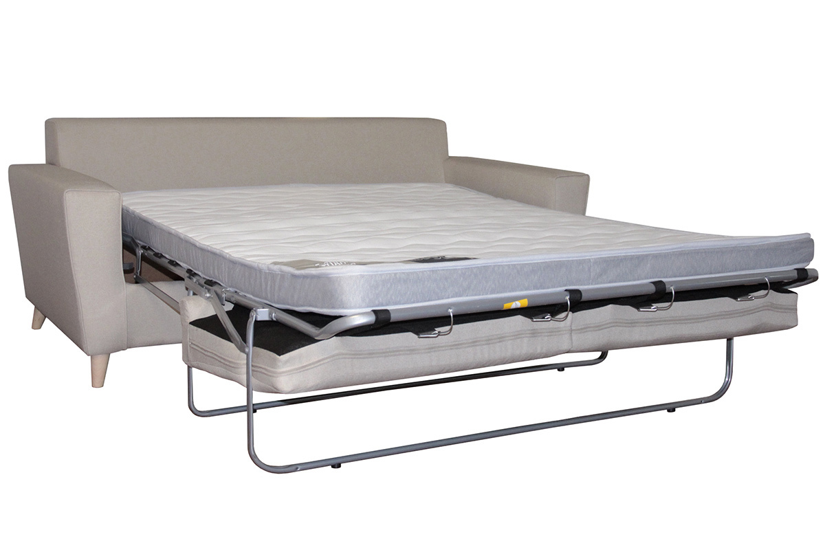 Canap convertible 3 places en tissu lin naturel et bois clair avec matelas 9 cm BEAUBOURG