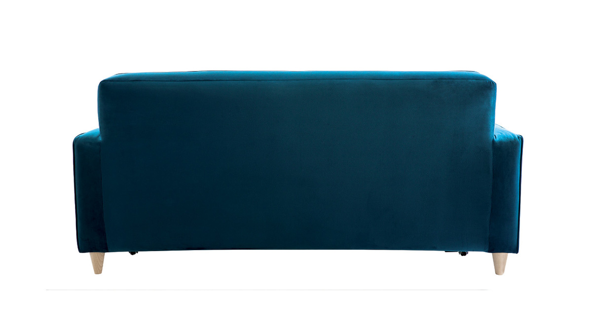 Canap convertible 3 places en tissu velours bleu paon et bois clair avec matelas 9 cm CIGALE