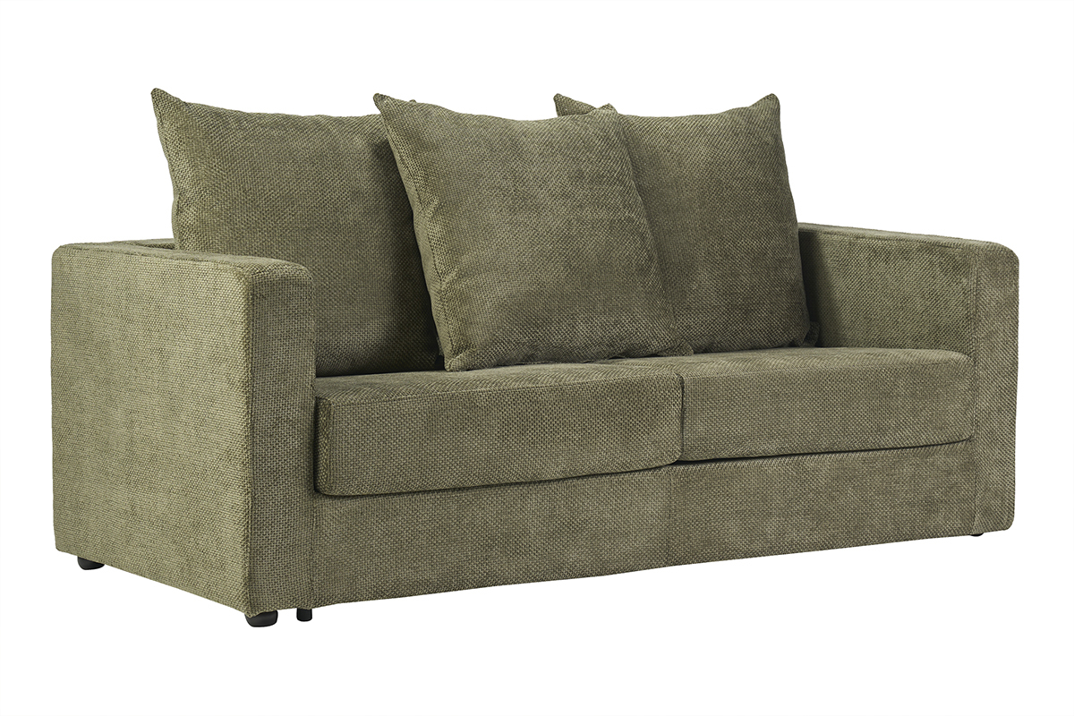 Canap� convertible 3 places en tissu velours chenille vert kaki avec matelas 13 cm BACIO