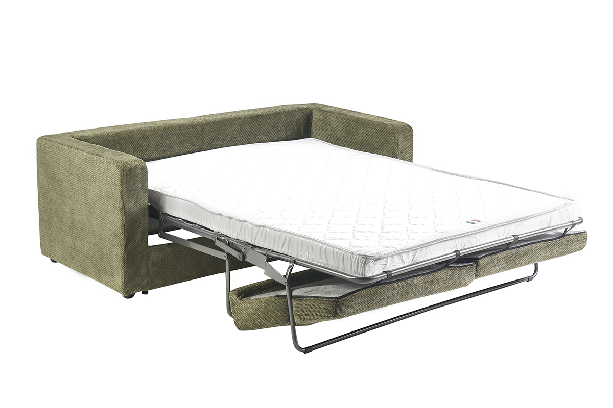 Canap� convertible 3 places en tissu velours chenille vert kaki avec matelas 13 cm BACIO