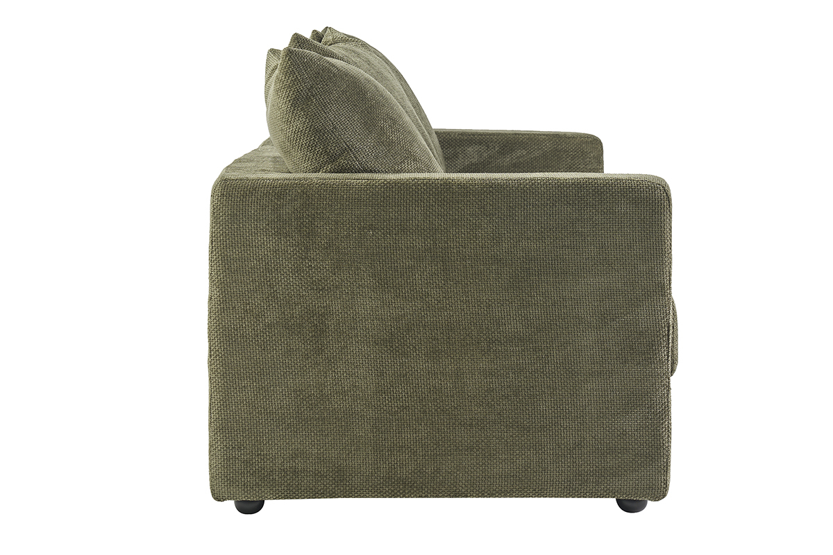 Canap� convertible 3 places en tissu velours chenille vert kaki avec matelas 13 cm BACIO
