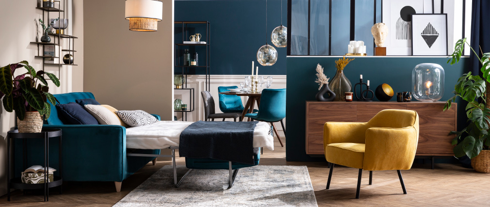 Canap� convertible 3 places en velours bleu paon CIGALE