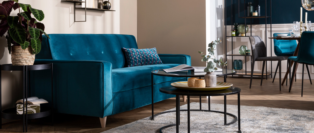 Canap� convertible 3 places en velours bleu paon CIGALE