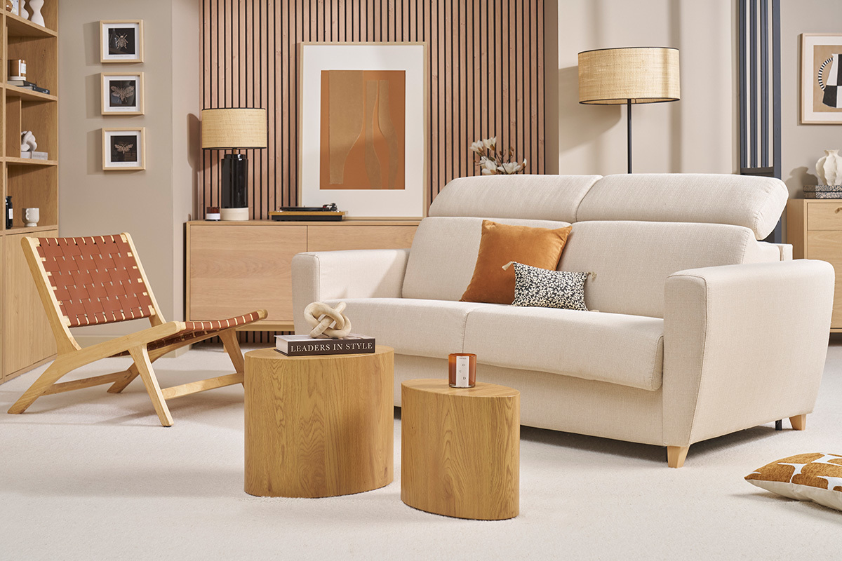 Canap convertible avec ttires ajustables 3 places en tissu beige et bois clair avec matelas 13 cm GOYA