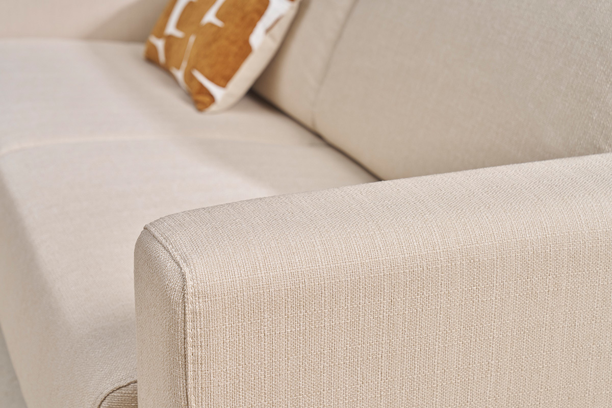 Canap convertible avec ttires ajustables 3 places en tissu beige et bois clair avec matelas 13 cm GOYA