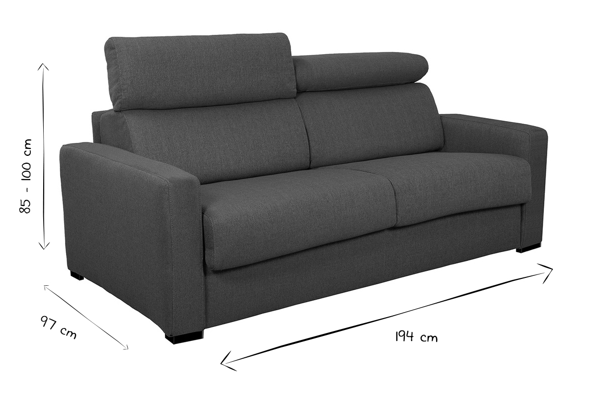 Canap convertible avec ttires ajustables 3 places en tissu effet velours gris anthracite avec matelas 12 cm NORO