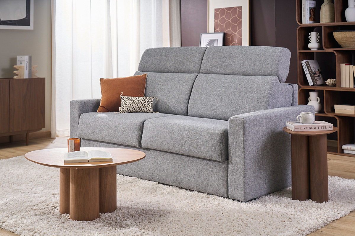 Canap� convertible avec t�ti�res ajustables 3 places en tissu gris clair avec matelas 18 cm NORO