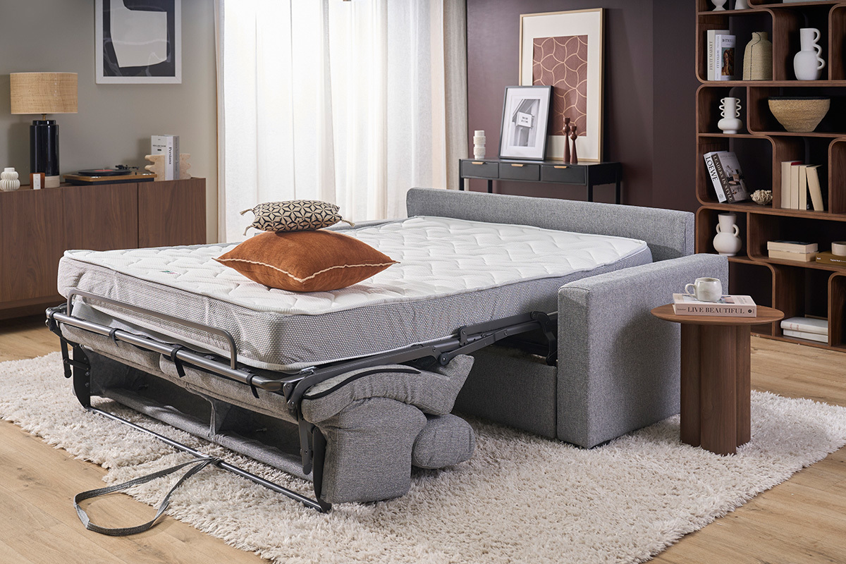 Canap� convertible avec t�ti�res ajustables 3 places en tissu gris clair avec matelas 18 cm NORO