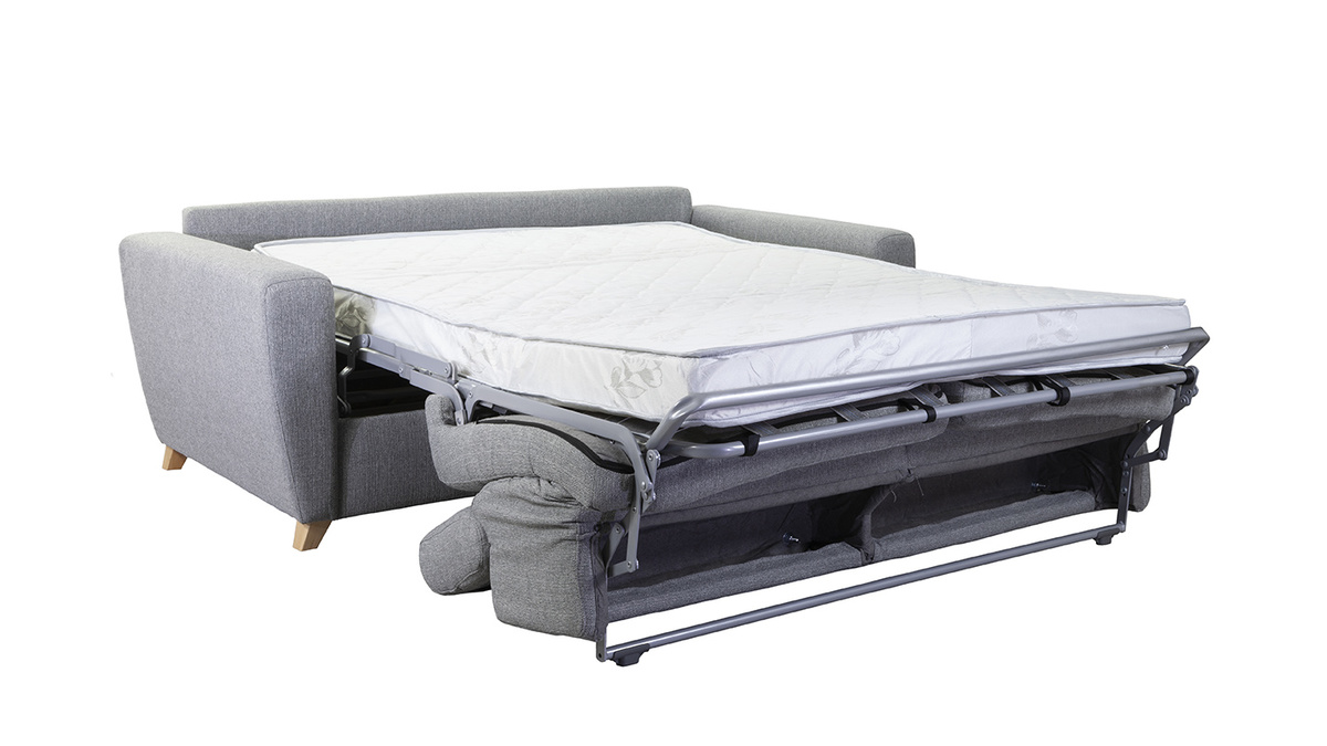 Canapé convertible avec têtières ajustables 3 places en tissu gris et bois clair avec matelas 13 cm GOYA
