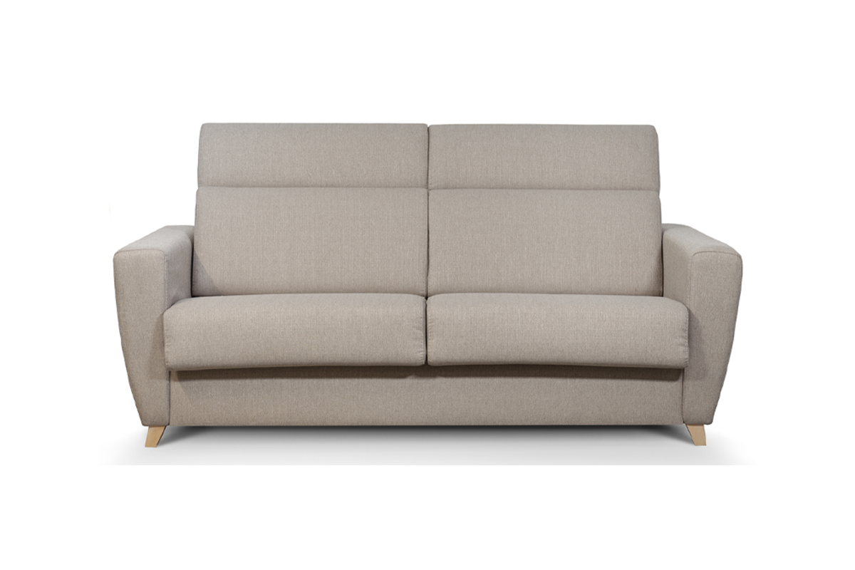 Canap convertible avec ttires ajustables 3 places en tissu taupe et bois clair avec matelas 12 cm GOYA