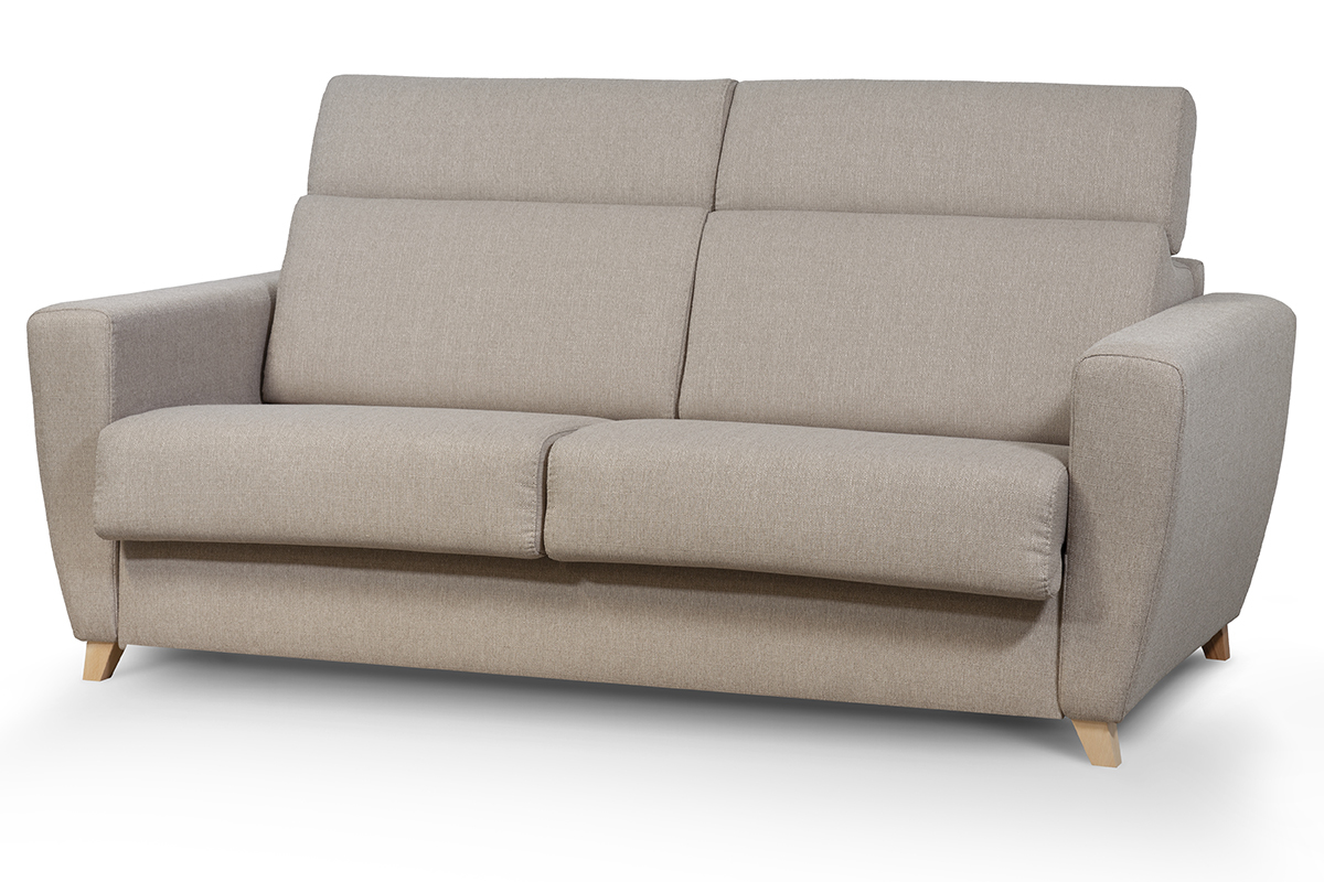 Canap convertible avec ttires ajustables 3 places en tissu taupe et bois clair avec matelas 12 cm GOYA