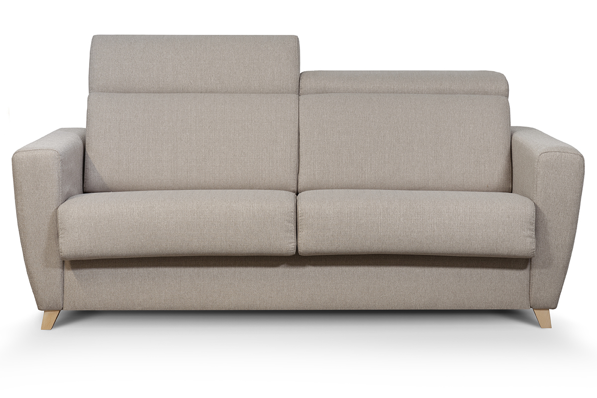Canap convertible avec ttires ajustables 3 places en tissu taupe et bois clair avec matelas 12 cm GOYA