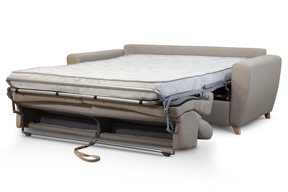 Canap convertible avec ttires ajustables 3 places en tissu taupe et bois clair avec matelas 12 cm GOYA