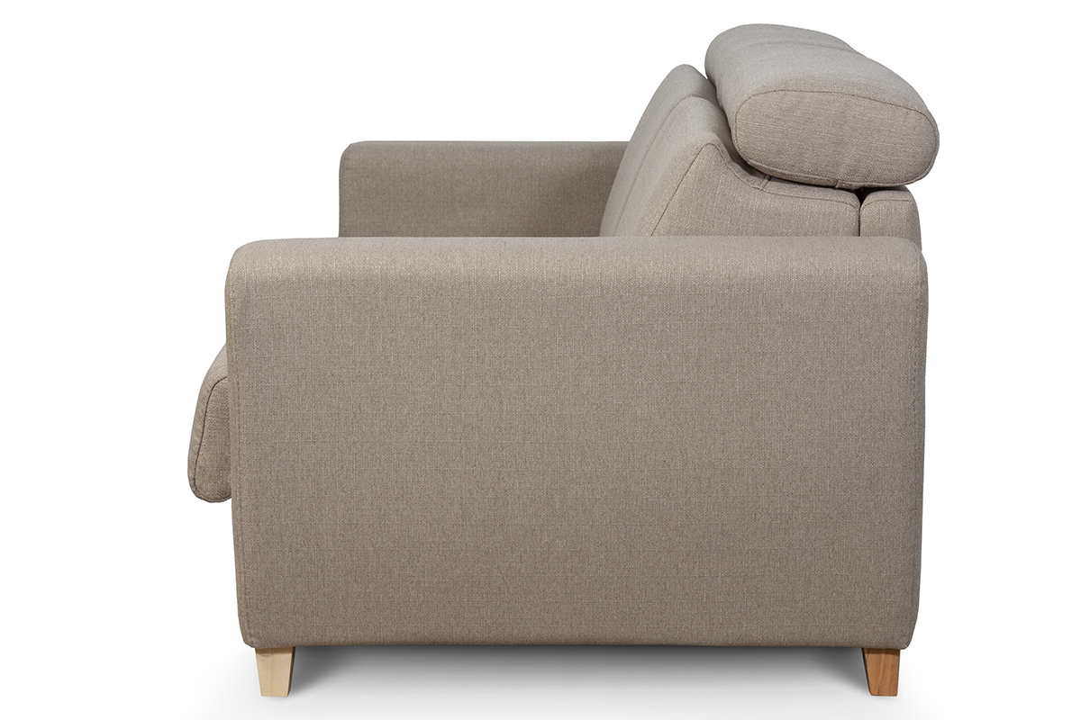 Canap convertible avec ttires ajustables 3 places en tissu taupe et bois clair avec matelas 12 cm GOYA