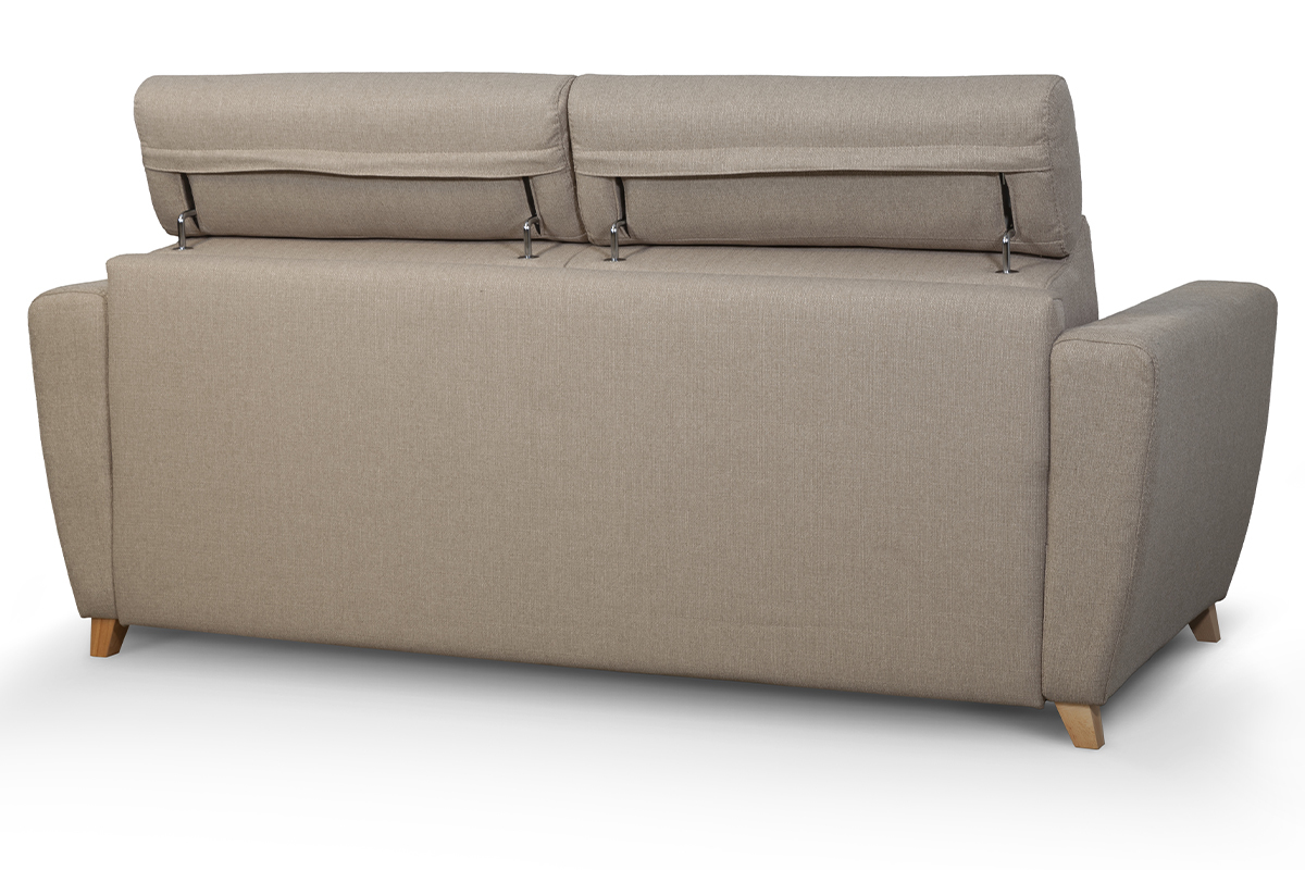 Canap convertible avec ttires ajustables 3 places en tissu taupe et bois clair avec matelas 12 cm GOYA