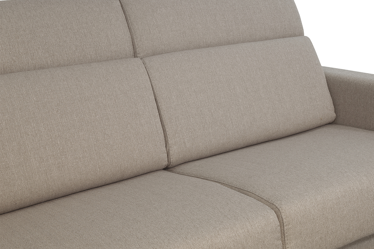 Canap convertible avec ttires ajustables 3 places en tissu taupe et bois clair avec matelas 12 cm GOYA