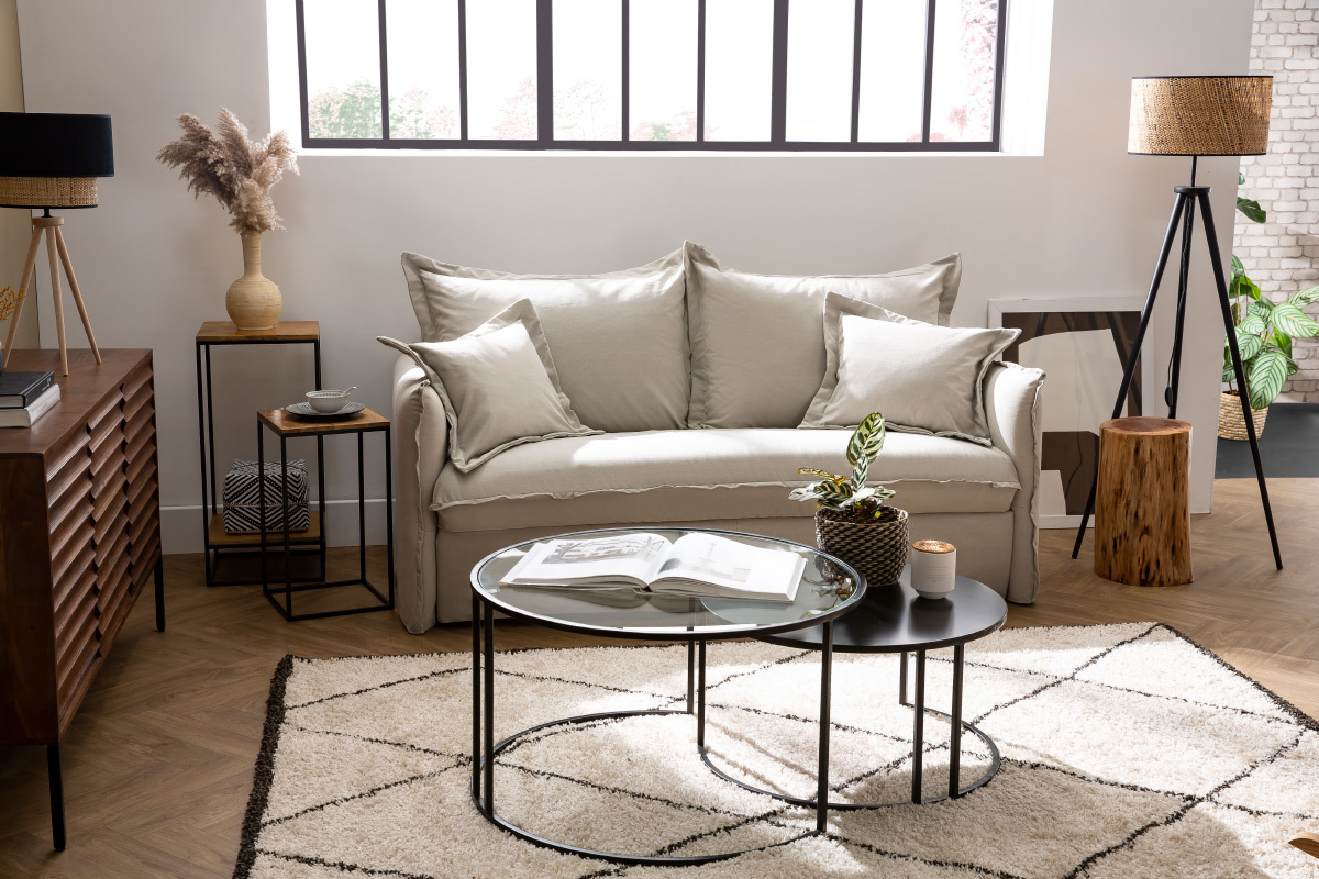 Canap convertible dhoussable 3 places en coton beige avec matelas 13 cm ALDO