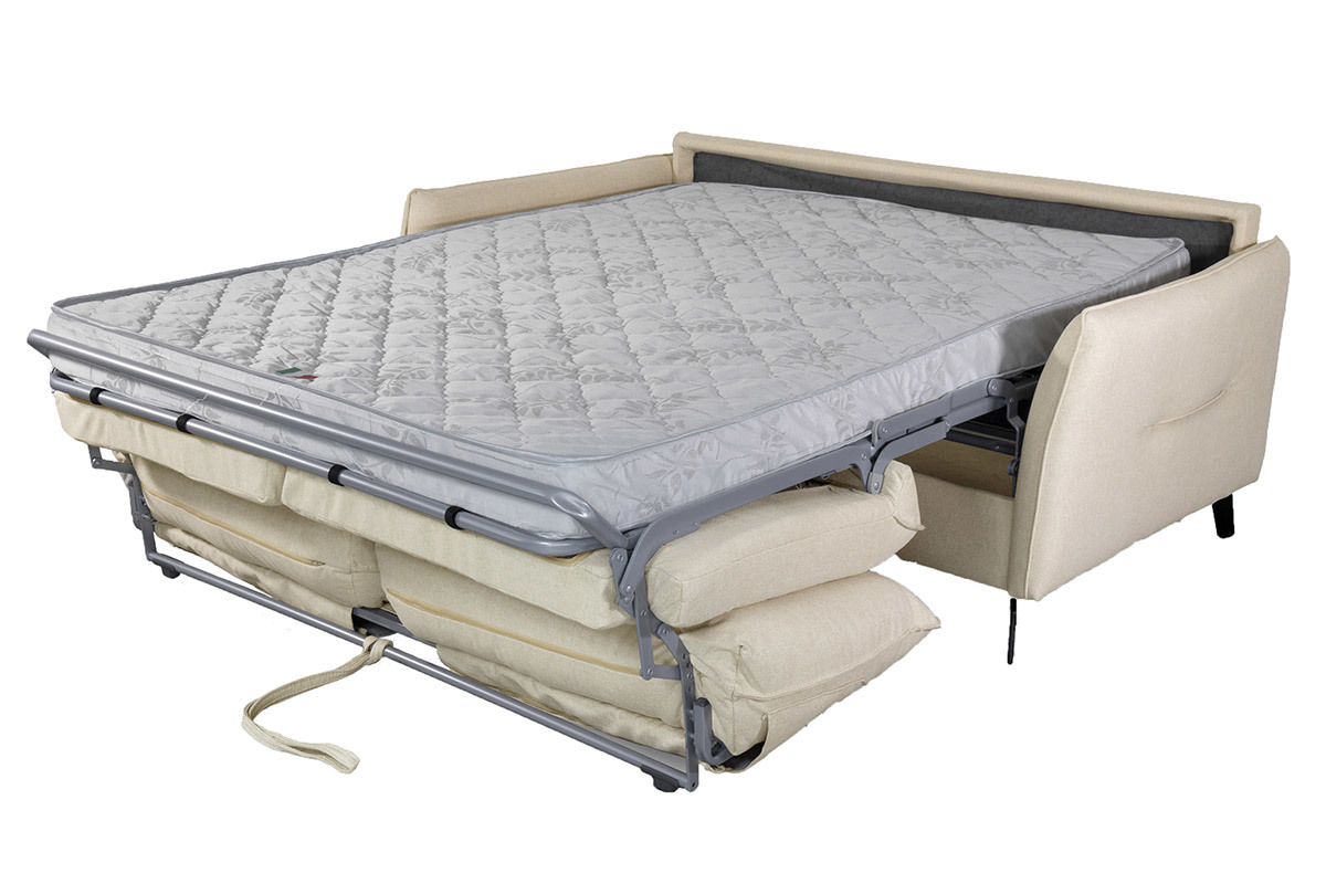Canap convertible design 3 places en tissu beige et mtal noir avec matelas 12 cm LIAM