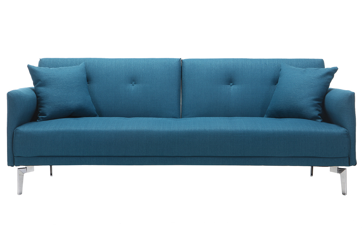 Canap� convertible design 3 places en tissu bleu canard et acier chrom� ELIN