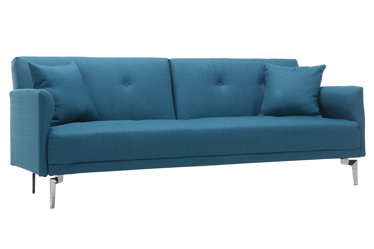 Canap� convertible design 3 places en tissu bleu canard et acier chrom� ELIN