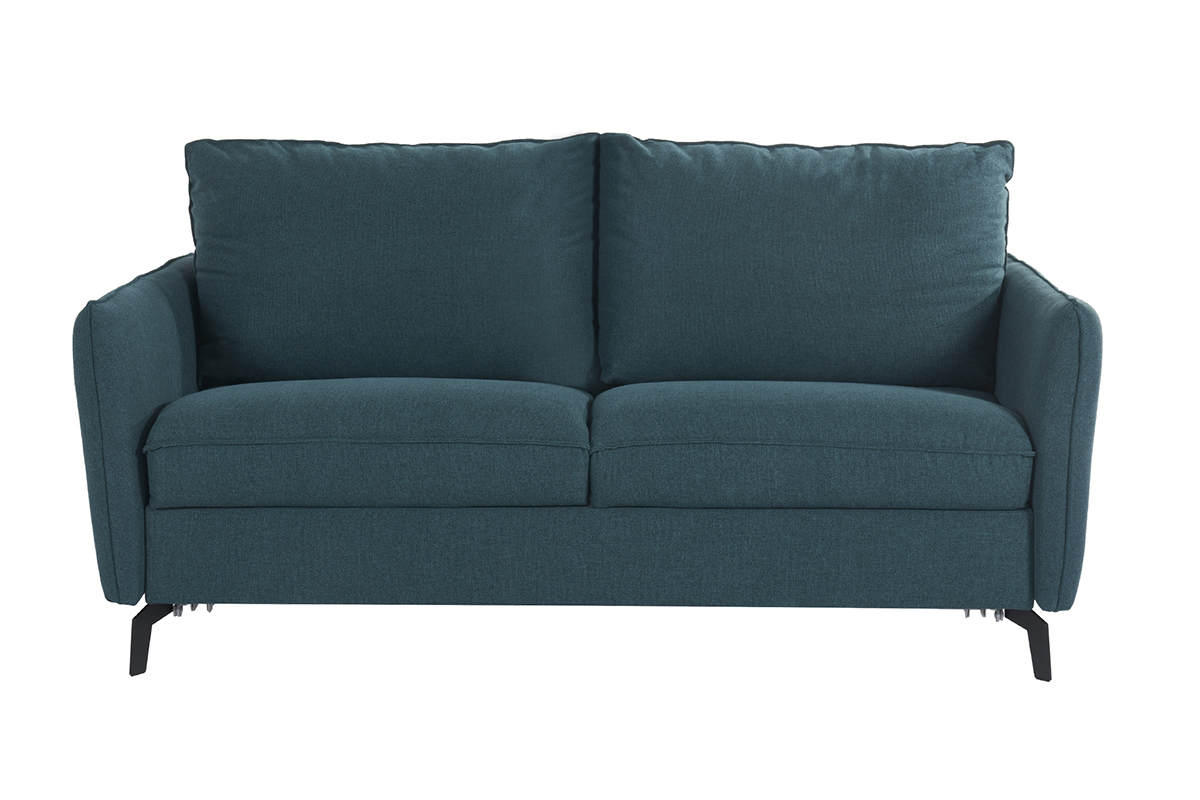 Canap convertible design 3 places en tissu bleu canard et mtal noir avec matelas 12 cm LIAM