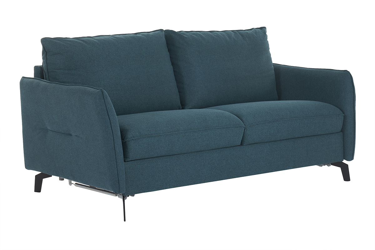 Canap convertible design 3 places en tissu bleu canard et mtal noir avec matelas 12 cm LIAM
