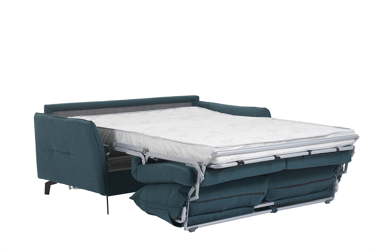 Canap convertible design 3 places en tissu bleu canard et mtal noir avec matelas 12 cm LIAM