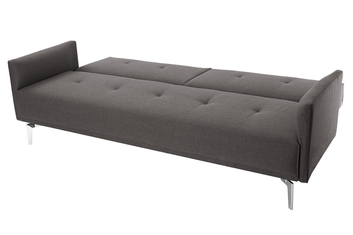 Canap convertible design 3 places en tissu gris et acier chrom ELIN