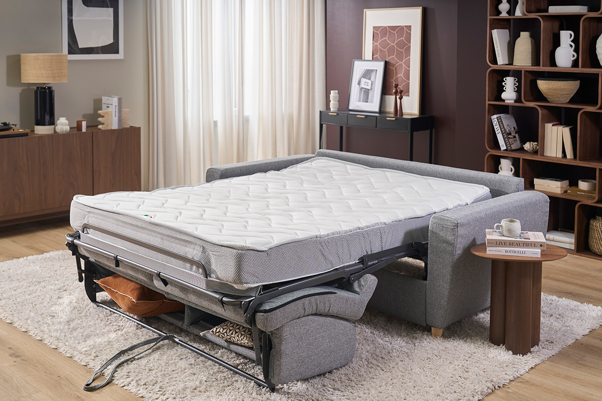 Canap� convertible en tissu gris clair et bois clair avec matelas 18 cm GRAHAM