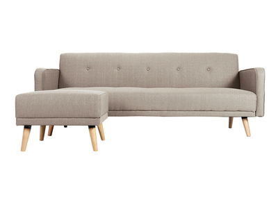 Canapé convertible scandinave 3 places avec repose-pieds en tissu beige et bois clair ULLA